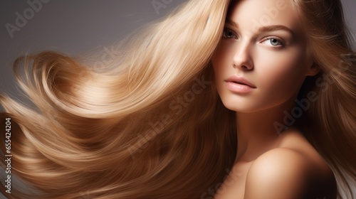 Woman with long wavy hair. Concept of hair care, hair coloring and strengthening. Feminine beauty. photo