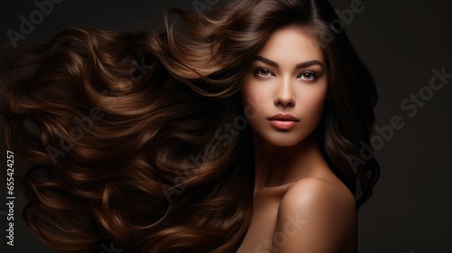 Photo of a brunette with long luxurious wavy hair. Hair care concept, hair coloring.
