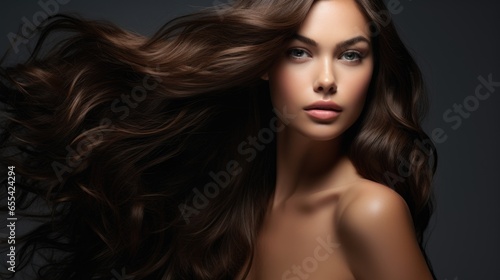 Photo of a brunette with long luxurious wavy hair. Hair care concept, hair coloring.