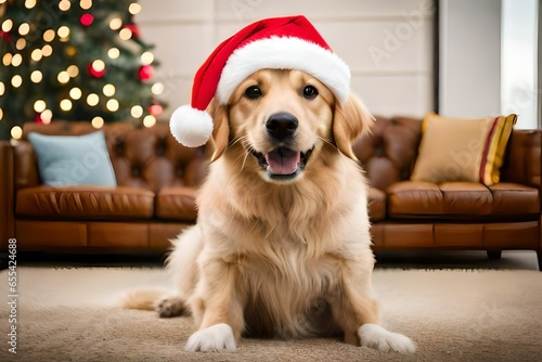 Happy Golden Retriever dog wearing a Christmas hat in a room decorated for Christmas. Created with generative Ai technology.