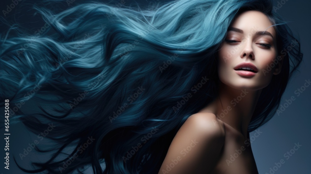 A woman with long dyed blue hair. Concept of hair care and coloring, female beauty. A woman with long dyed blue hair. Concept of hair care and coloring, female beauty.