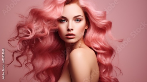 A woman with long dyed pink hair. Concept of hair care and coloring, female beauty.