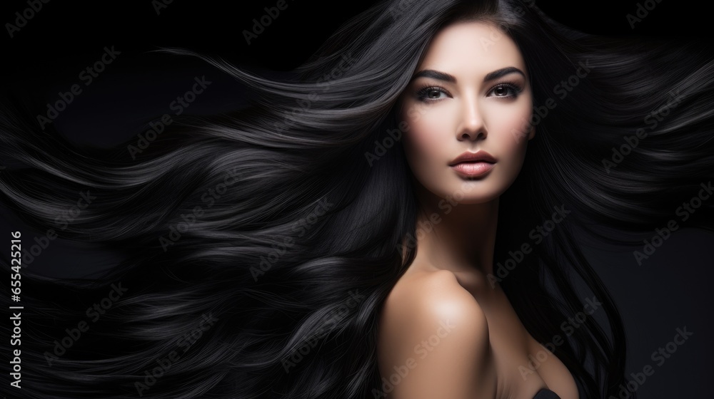 Asian woman with dark hair. Concept of hair care, hair coloring and strengthening.