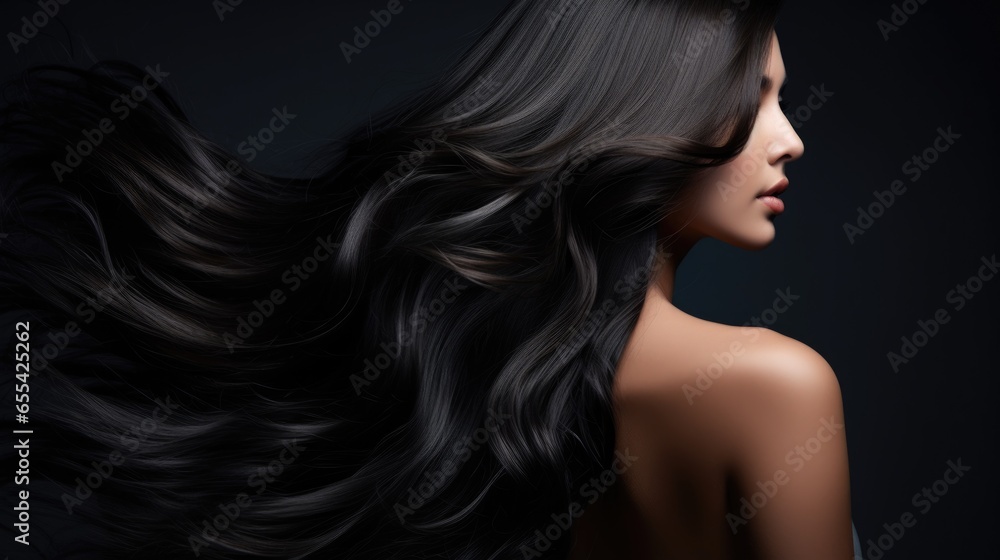 Asian woman with dark hair. Concept of hair care, hair coloring and strengthening. Asian woman with dark hair. Concept of hair care, hair coloring and strengthening.