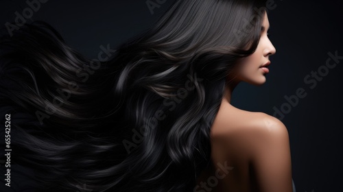 Asian woman with dark hair. Concept of hair care, hair coloring and strengthening. photo