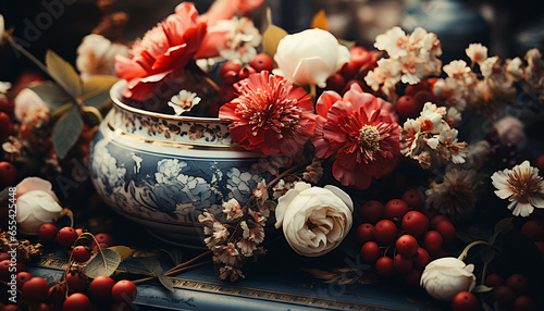 Freshness and nature in an old fashioned vase, a rustic bouquet generated by AI