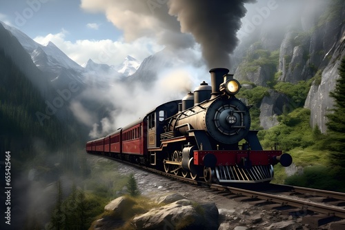 A vintage steam locomotive chugging through a mountain pass.