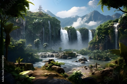 A cascading waterfall framed by lush, tropical vegetation.