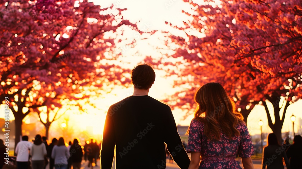 Couple enjoying a peaceful walk among blooming flowers.
