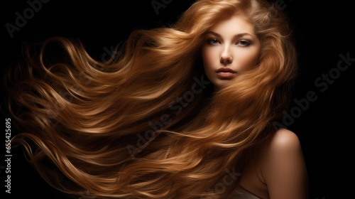 Photo of a brown-haired woman with long luxurious wavy hair. Hair care concept, hair coloring.