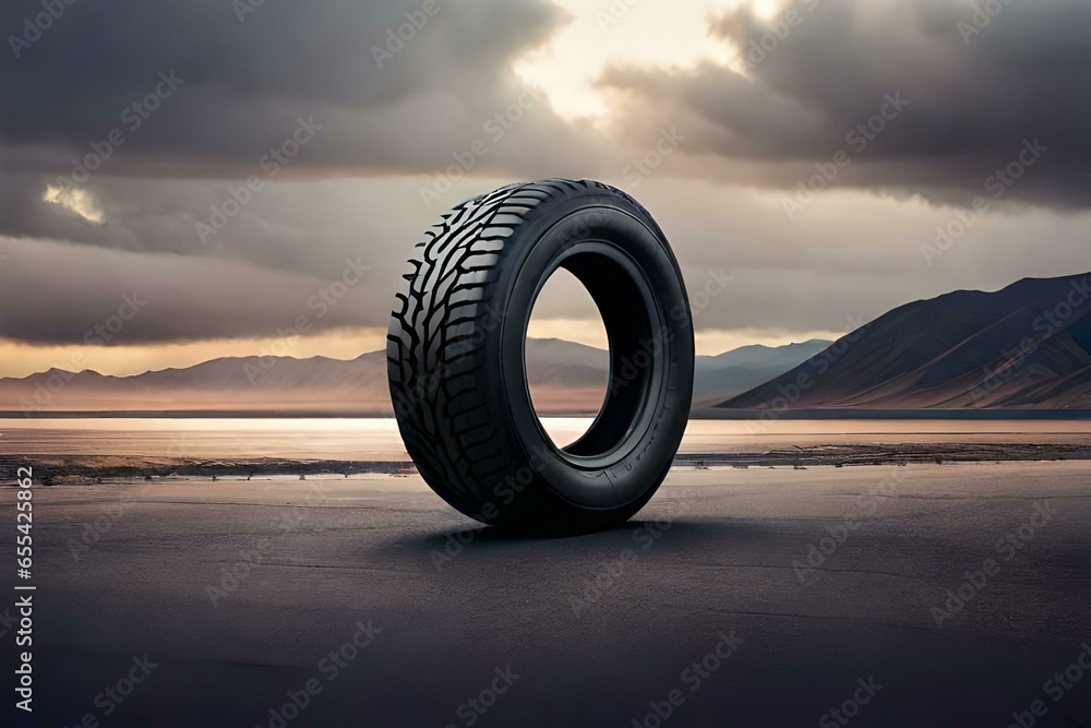 Big tire isolated with a dark background. Created with generative Ai technology. Big tire isolated with a dark background. Created with generative Ai technology.