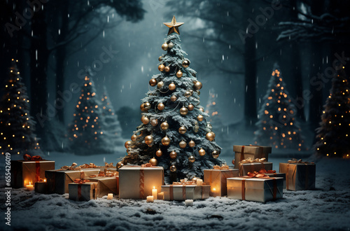 Christmas tree with gifts under snowfall. Christmas and New Year concept.