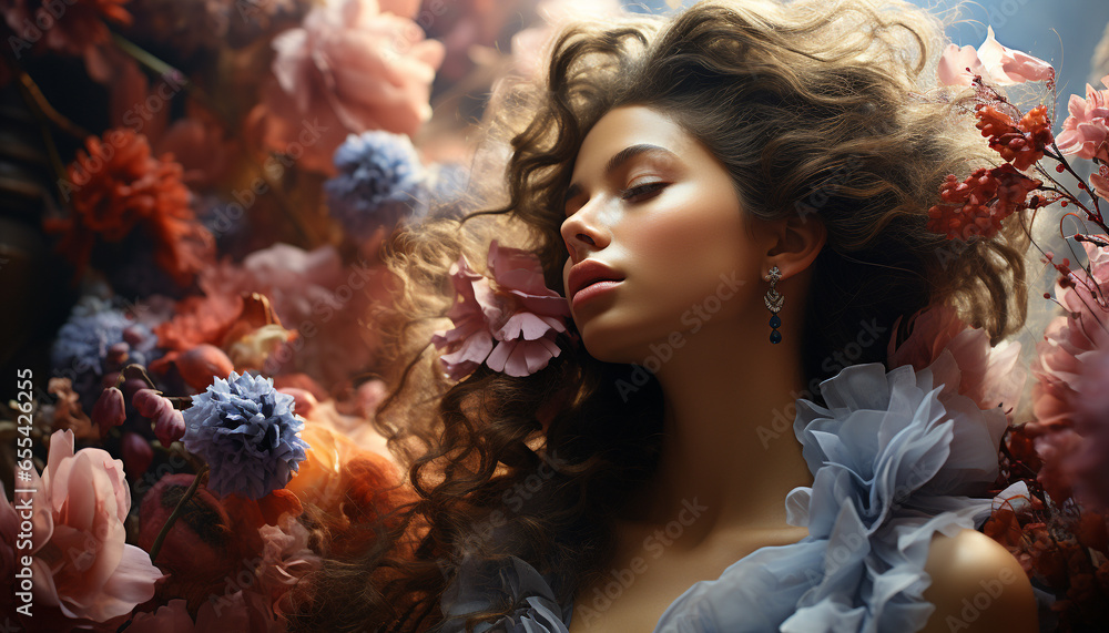 A beautiful woman with brown hair and a flower in her hair generated by AI A beautiful woman with brown hair and a flower in her hair generated by AI