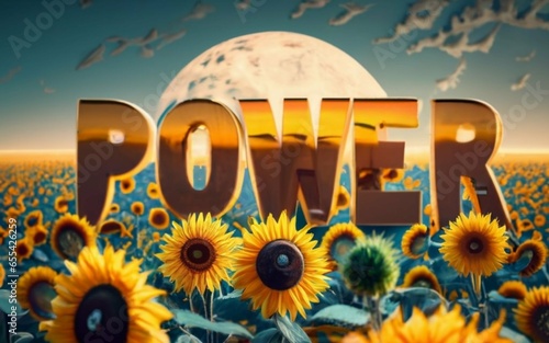Text  Power  in large gold letters with sunflower flowers in the background and a golden bow. Created with generative Ai technology.