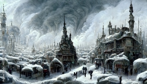 Lamordia domain of snow and stitches victorian fantasy city crowded city gloomy frigid gothic horror gothic architecture dark experiments amoral science bizarre constructs mutagenic radiation  photo