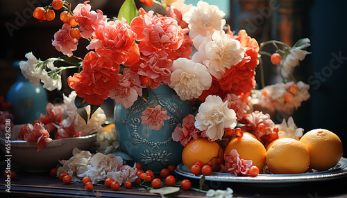 Vase of fresh flowers decorates table, bringing nature indoors generated by AI