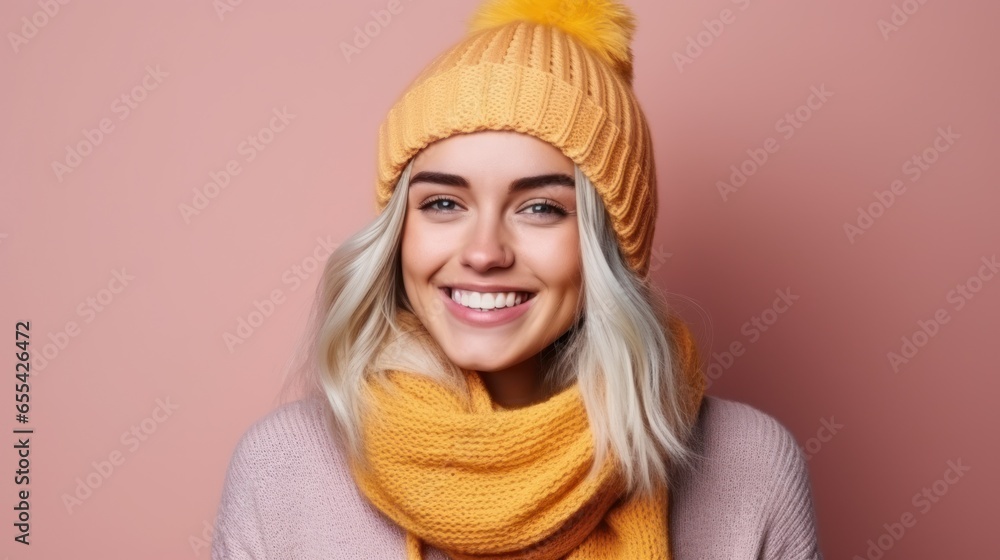 Happy woman with scarf and hat with space for copy on a color background Happy woman with scarf and hat with space for copy on a color background
