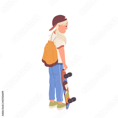 Little smiling cute girl with backpack and skateboard platform isolated on white background