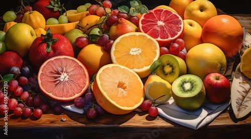 sliced fruits on the table  designed fruits on the table  sliced delicious fruits background