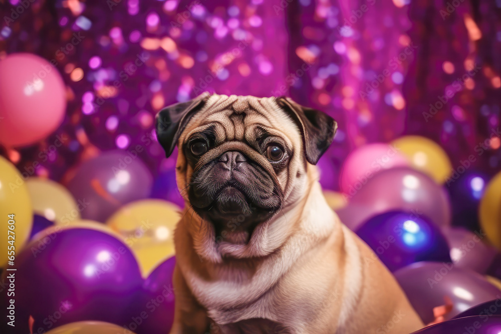 Cute cheerful pug puppy with violet balloons on birthday party. Holiday and birthday concept