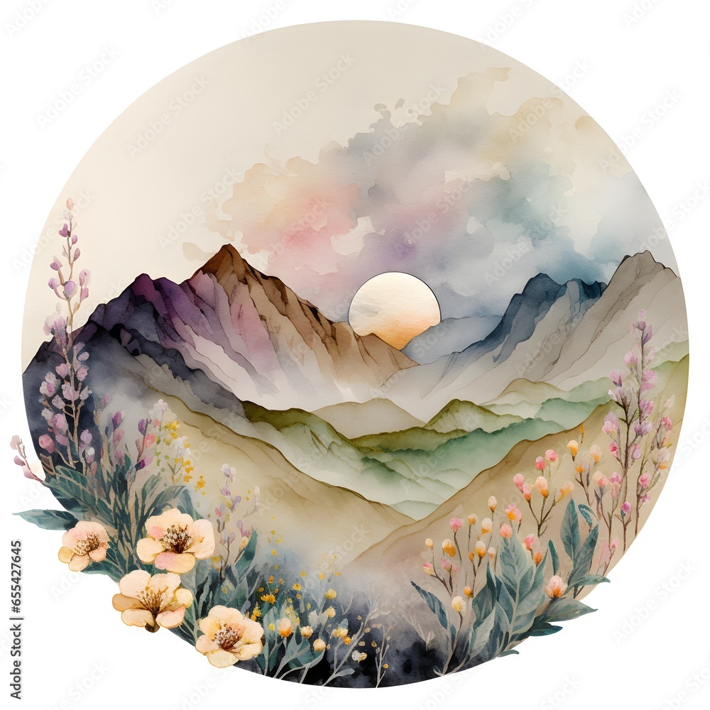 mountain blooming hills watercolor round shape soft subtle colors 