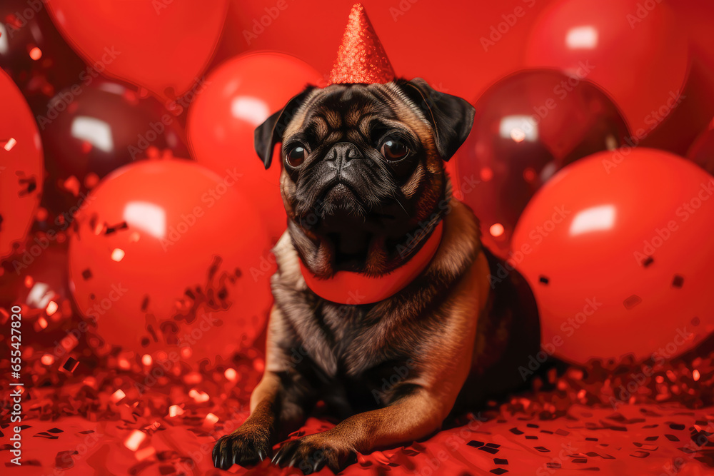 Cute cheerful pug puppy with red balloons on birthday party. Holiday and birthday concept