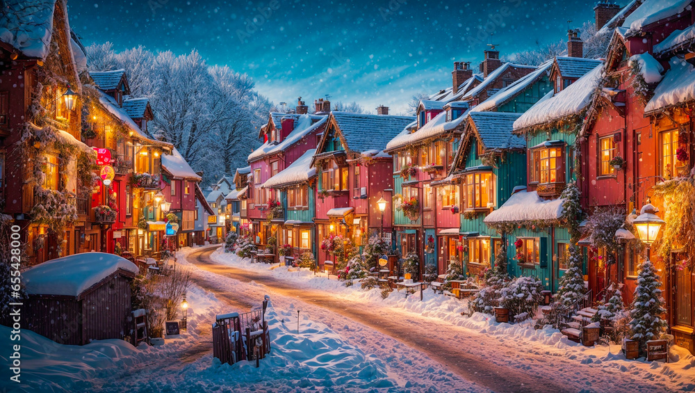 Cute village street, houses, winter, snow - obrazy, fototapety, plakaty 