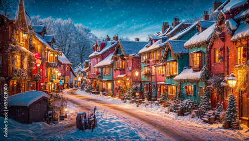 Cute village street, houses, winter, snow photo