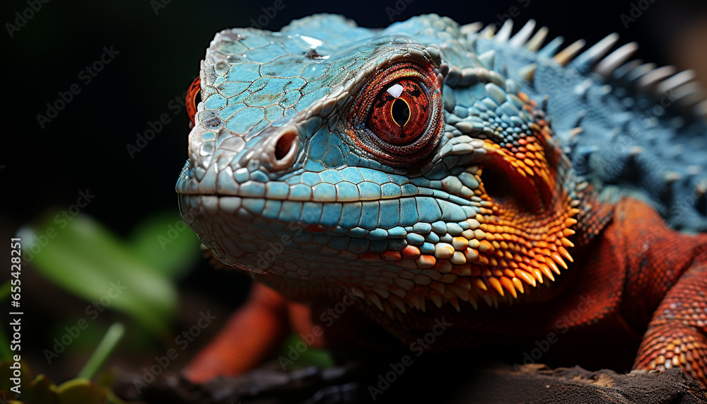 A cute green iguana looking at camera in tropical rainforest generated by AI A cute green iguana looking at camera in tropical rainforest generated by AI