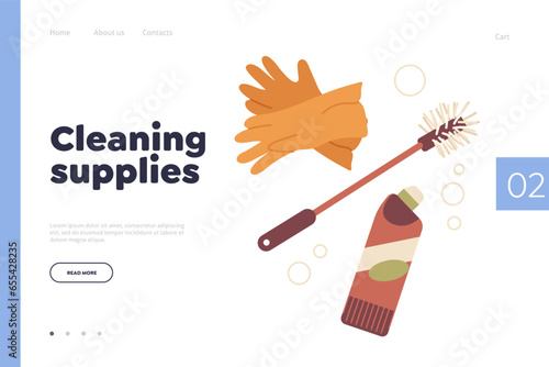 Cleaning supplies online store service landing page, website offering tools for toilet washing