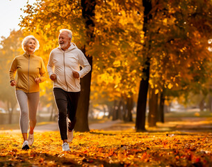 Senior couple running or jogging in a park in fall colors. Concept of health and fitness for mature or older people. Shallow field of view.
