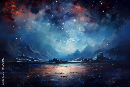 Beautiful night sky. Milky Way. Impressionism style oil painting.