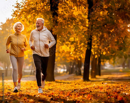 Fototapeta Naklejka Na Ścianę i Meble -  Senior couple running or jogging in a park in fall colors. Concept of health and fitness for mature or older people. Shallow field of view.