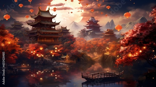 Amazing chinese temple with lantern background painting image AI generated art