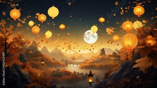 Amazing chinese temple with lantern background painting picture AI generated art © Bijali