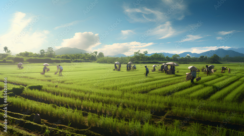 a potrait of large ricefield, with mountain background
