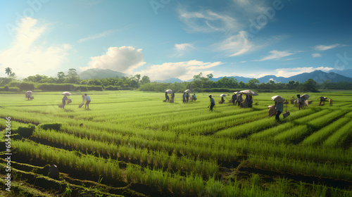 a potrait of large ricefield  with mountain background