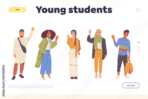 Young students lettering landing page template for international university online courses