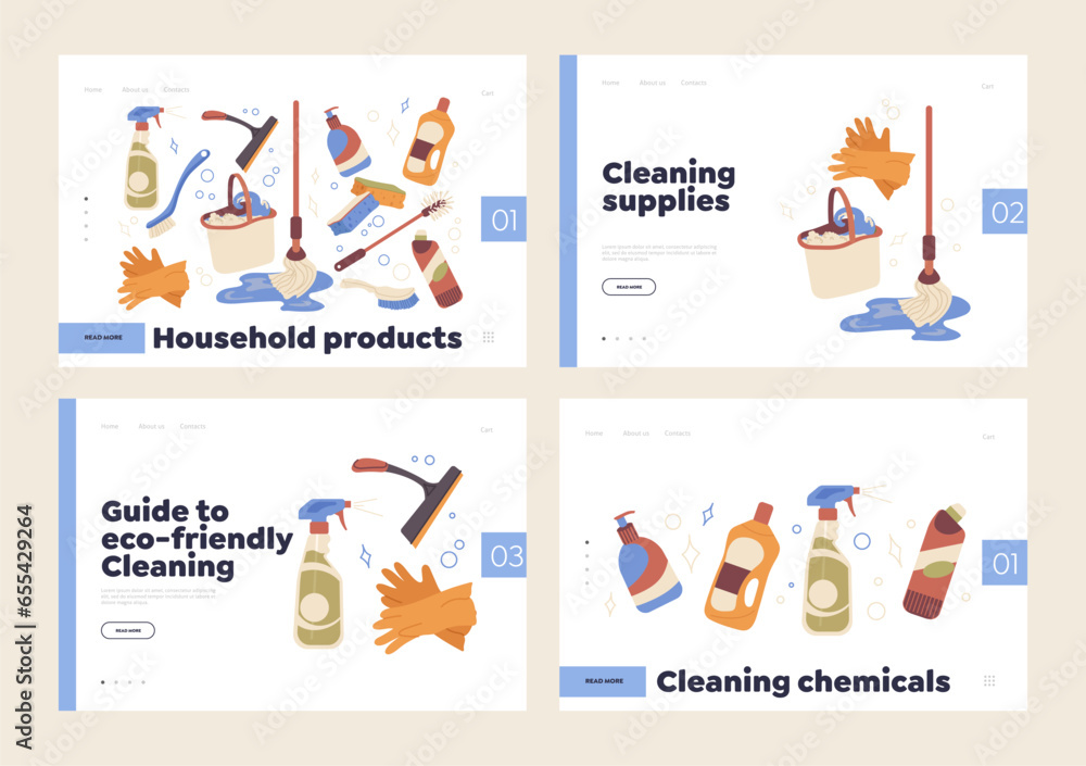 Eco-friendly cleaning products and non-toxic chemicals for housekeeping landing page isolated set
