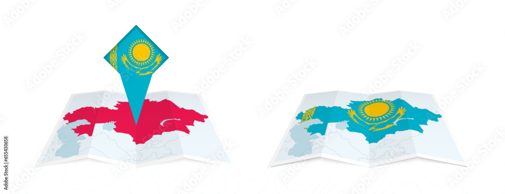 Φωτογραφία Two versions of an Kazakhstan folded map, one with a pinned country flag and one with a flag in the map contour