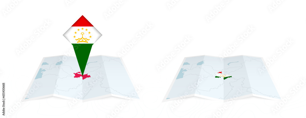 Φωτογραφία Two versions of an Tajikistan folded map, one with a pinned country flag and one with a flag in the map contour