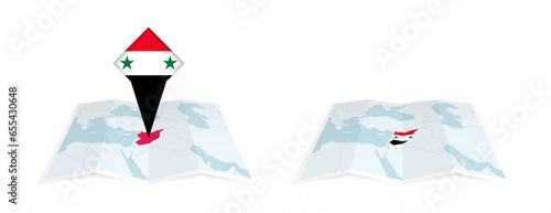 Two versions of an Syria folded map, one with a pinned country flag and one with a flag in the map contour. Template for both print and online design.