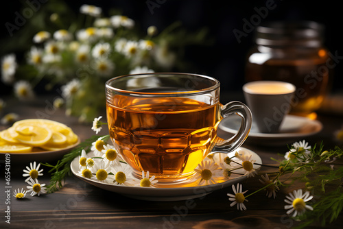 Cup of aromatic chamomile tea with fresh flowers and lemon slices on the table. Organic and natural, herbal hot healthy beverage.