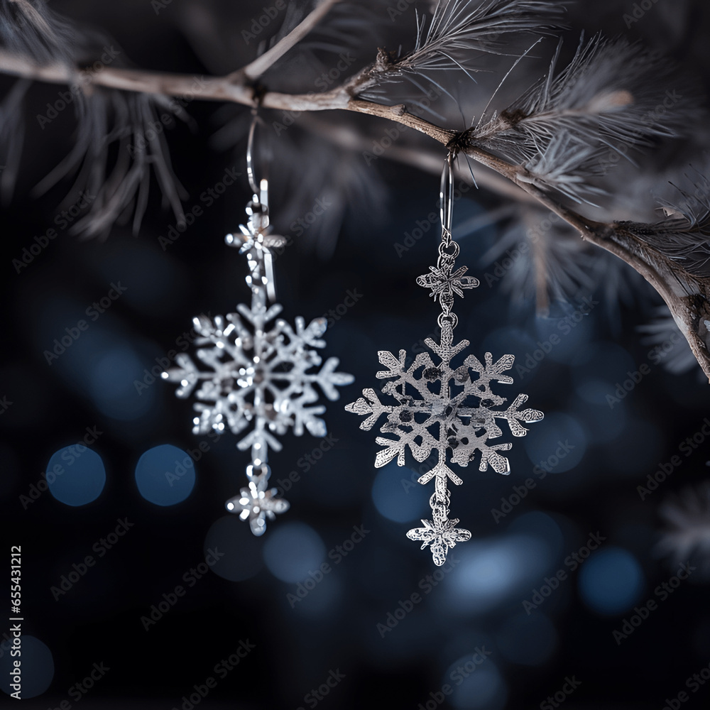 Snowflakes and New Year's toys hang on the Christmas tree. Christmas background