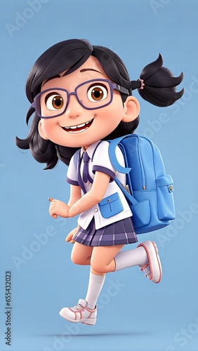 A cute cartoon girl with glasses and a backpack ready for adventure