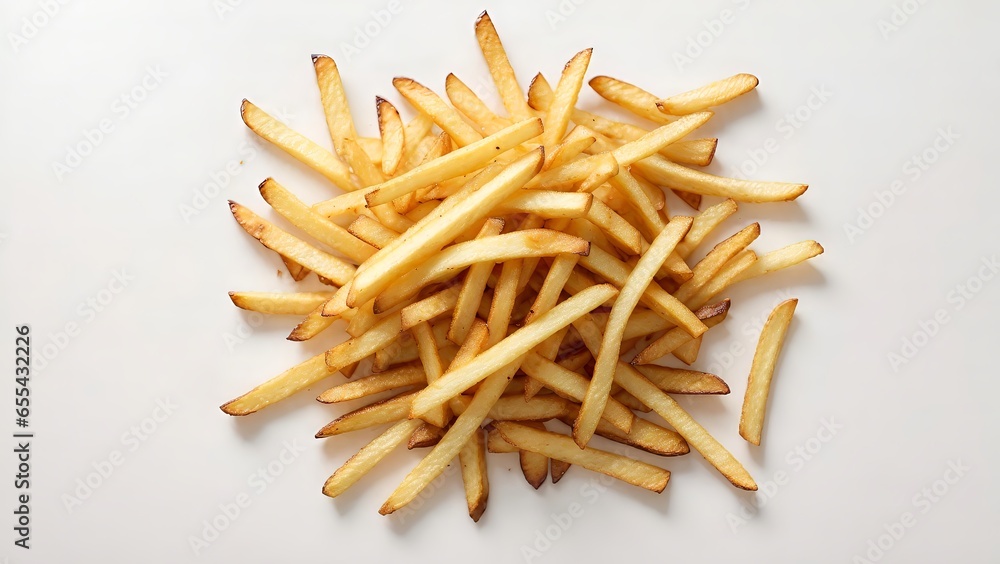 A stack of crispy french fries on a clean white table A stack of crispy french fries on a clean white table