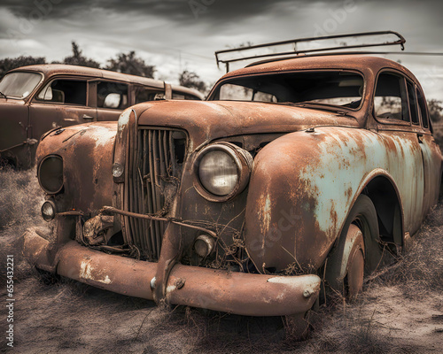 Old rusty car from the sixties in a junkyard