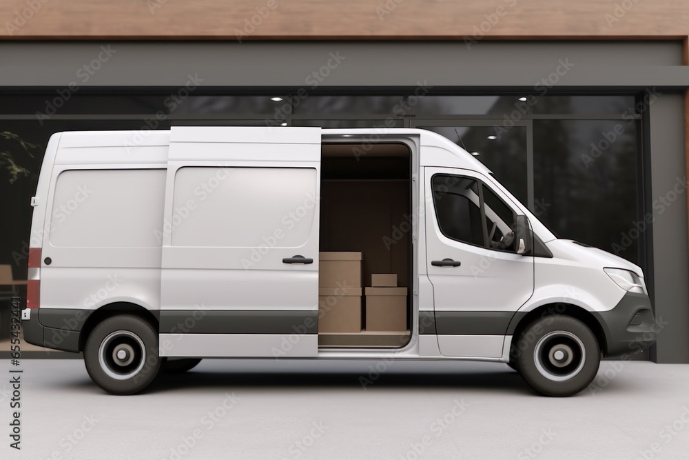 White delivery van with cardboard boxes in front of store.