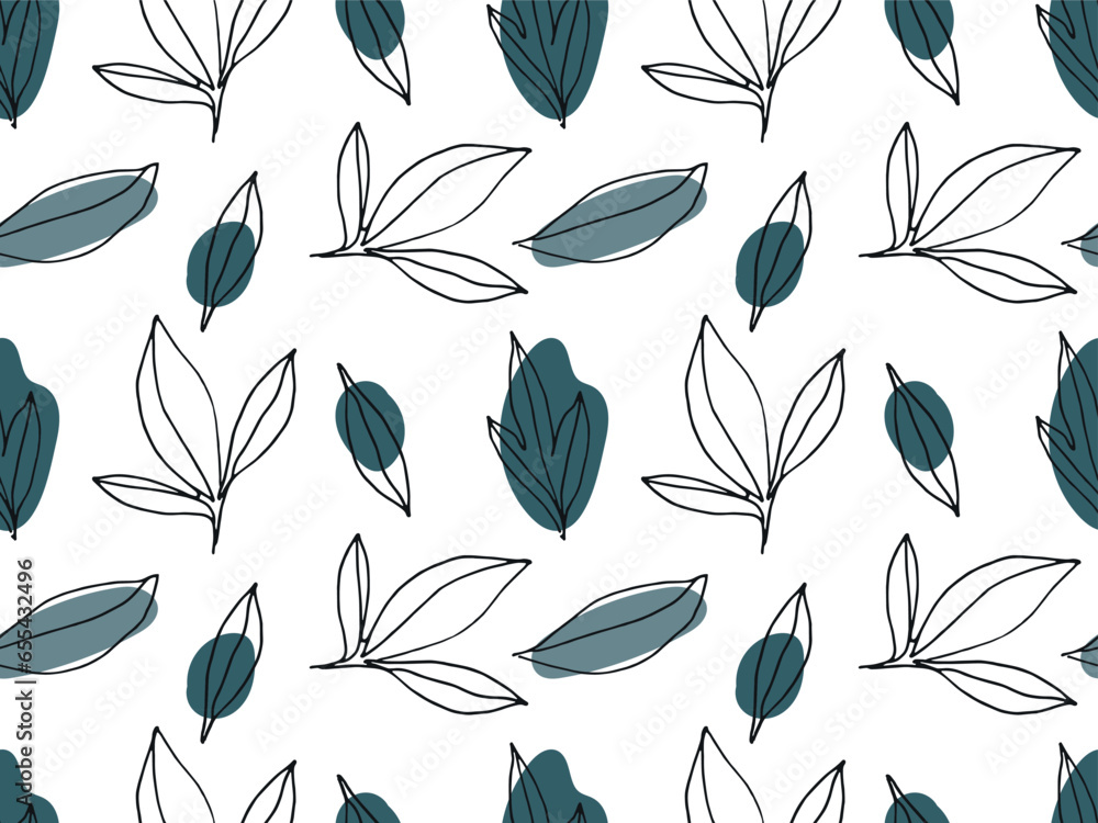 Seamless Peony leaves sketch background in simple trendy minimalistic style. Hand drawn Linear leaves with green pink spots. Repeated Natural illustration for wallpaper, wrapping paper, textile.