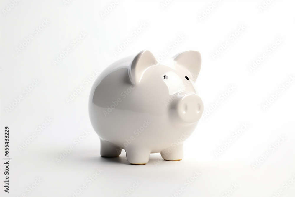 Ceramic white piggy bank with white background, concept of savings, foresight, banking
